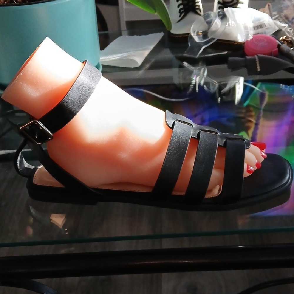 Women's Black Strappy Ankle Buckle Sandals